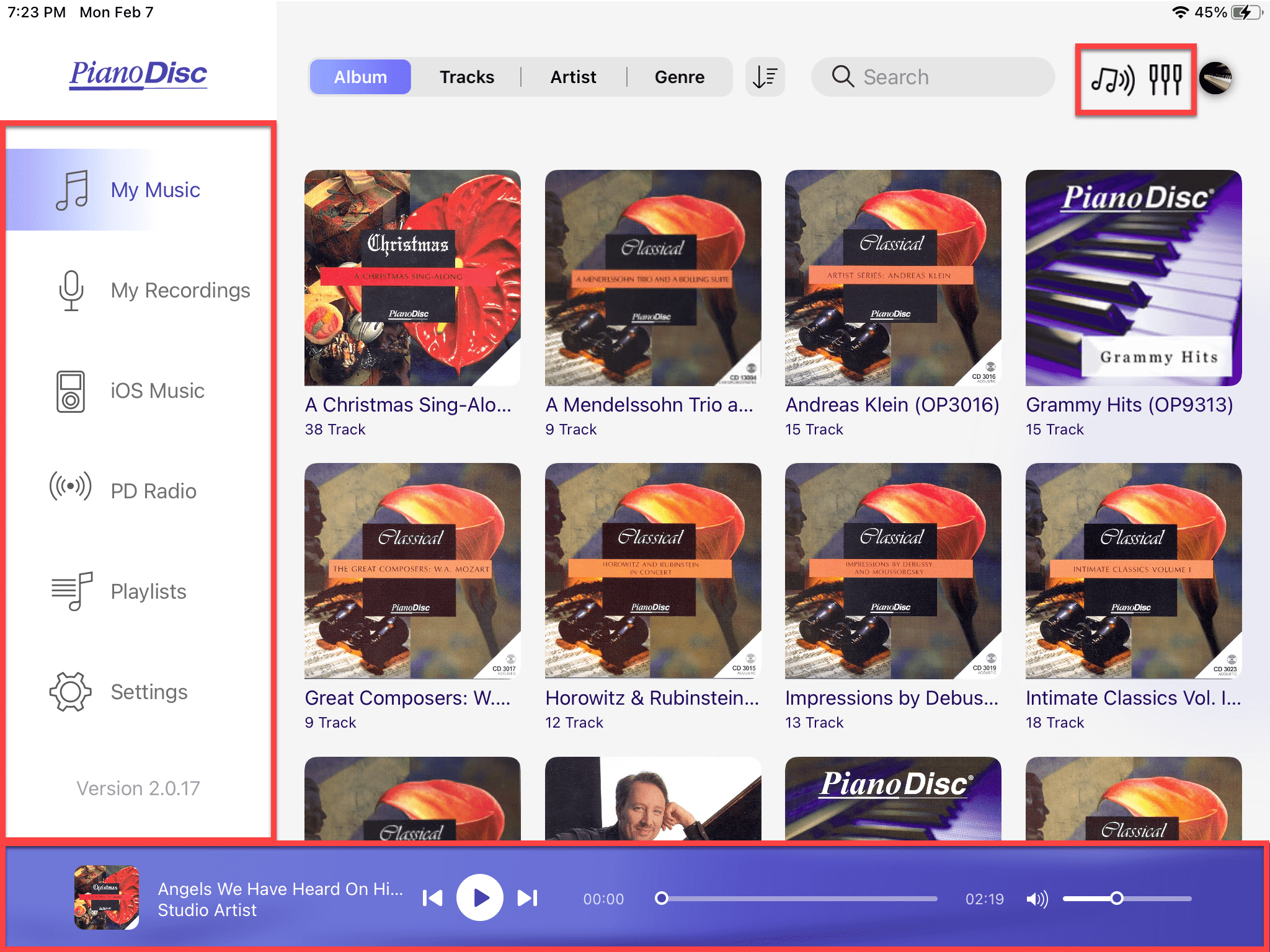 Pantalla de inicio de la aplicación iQ Player de PianoDisc